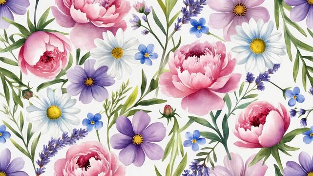 Hand-painted watercolor seamless pattern of lush pink peonies, purple cosmos, white daisies, and lavender sprigs, creating a dense botanical texture for spring and summer backgrounds.