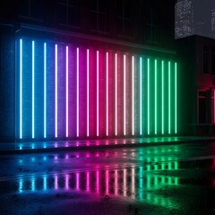 Generative AI Neon Lights on Rainy City Street Neon lights Brick wall Rain City street Night Reflection Urban Building Wet Colorful Architecture Exterior Modern Technology - High Quality