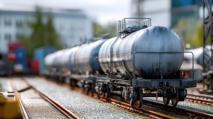 Obraz premium Oil tank cars stored in a busy industrial yard under clear blue skies on a sunny afternoon