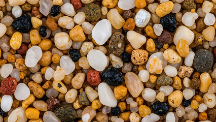 Macro shot of vibrant, multi-colored wet sand grains and tiny pebbles creating a natural texture