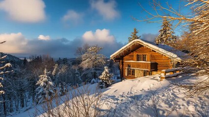 Scenic winter cabin in snowy landscape featuring a wooden structure surrounded by trees and rolling hills under bright blue sky with soft sunlight casting serene shadows throughout the scene - Powered by Adobe
