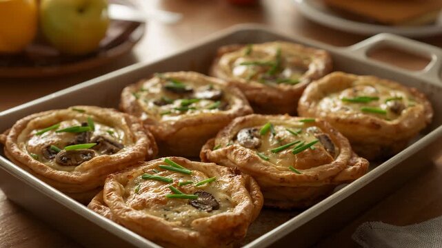 Delicious golden-brown mushroom and chive pastries baked in a rectangular dish artistically arranged with fresh green chives captured in bright natural light showcasing the warm wood table setting