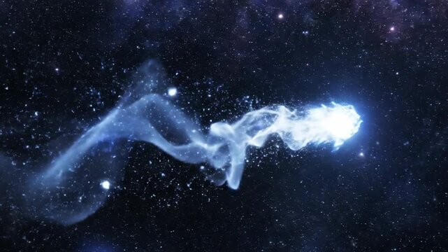 Bright blue energy comet-like entity flying through a dark starry cosmic space, leaving a glowing trail behind it.