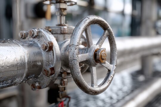 Metal valve wheel and pressurized pipes in an industrial setting exhibit functional design and engineering excellence