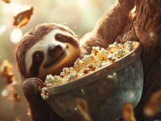 Naklejka premium Cute sloth enjoying a bowl of popcorn while relaxing in a tree during a sunny afternoon