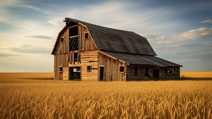 Abandoned wooden barn amidst sunlit golden wheat fields, a timeless farm landscape