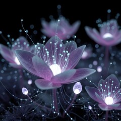 Generative AI Glowing purple lotus flowers on black Lotus flower 3d render Photorealistic Black background Flower Flora Botanical Petals Stamens Light Night Dark Fantasy - Modern Look