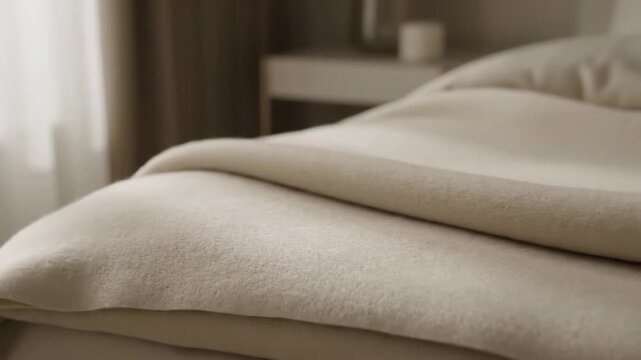 Folded neutral bed linens, simple elegance with light from the window