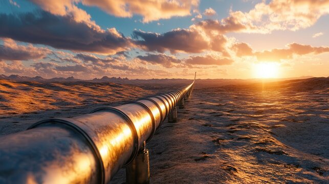Oil pipeline stretches across an expansive desert landscape under a dramatic sunset sky with clouds