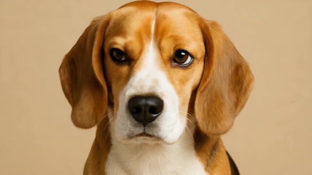 Close-up of a beagle dog displaying various expressions featuring soft natural light with a warm background texture showcased in a sequential view from beginning to end of a video clip