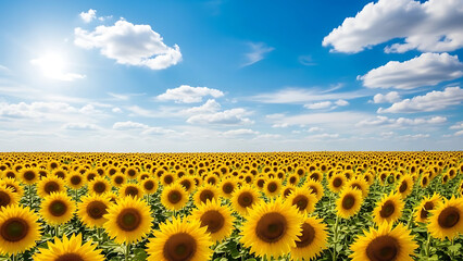 Radiant Sunflower Field Under a Bright Blue Sky with Fluffy Clouds
