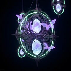Generative AI Crystal Orbs and Butterfly Fantasy Orb Glowing Neon Purple Green 3d render Geometric Ornate Hanging Light Illumination Magic Wonder Beauty Ethereal - Download Now