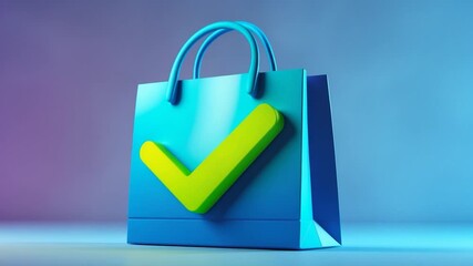 Vibrant blue shopping bag with a green check mark against a smooth gradient backdrop highlighting a product or service approval in a visually engaging presentation.