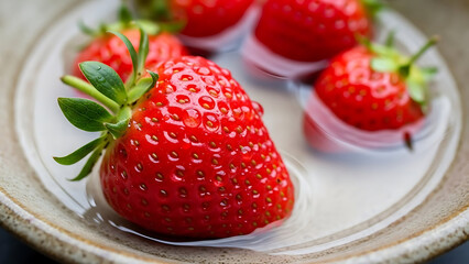 Close up of vibrant red strawberries being washed in a rustic ceramic water bowl