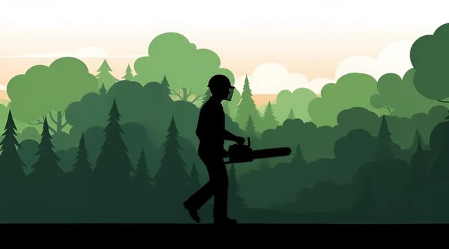 Vibrant silhouette illustration of a dedicated logger carrying a running chainsaw, walking purposefully through a dense, stylized forest, representing the timber industry