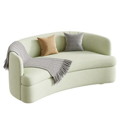 Green couch with a white blanket draped over it