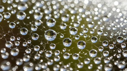 Macro Shot of Dew Drops on a Spiderweb Reflecting the Surrounding Nature
