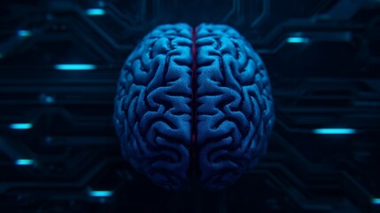 A digital representation of a brain, illuminated in blue, set against a circuit-like backdrop, symbolizing technology and artificial intelligence.
