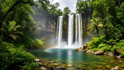Majestic Waterfall Serenity Lush Greenery and Rainbow's Embrace in Nature's Beauty