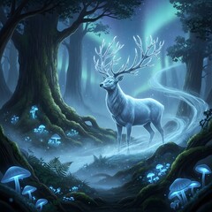 Generative AI Mystical Deer in Enchanted Forest Magic Fantasy Glowing Mushrooms Aurora borealis Trees Night Digital painting Woodland Moss Antlers Fairy tale Mystery - Unique Design