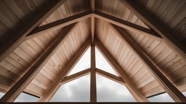 Interior view of modern wooden architecture featuring a triangular wooden roof structure with large windows showcasing natural light and minimalist design