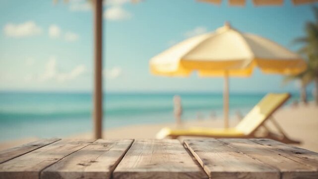 Close-up view of a weathered wooden table with a blurred beach background featuring a yellow sunshade and lounge chair under soft natural light on a sunny day.