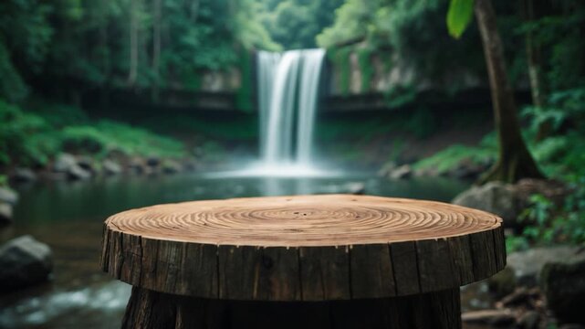 Close-up view of a wooden log table surrounded by lush green forest and a cascading waterfall showcasing the tranquil setting with soft natural light and vibrant textures throughout the scene