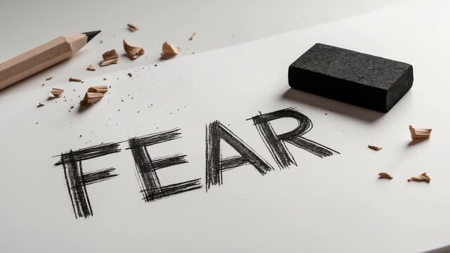 Close-up of the word 'FEAR' sketched in dark pencil on paper surrounded by pencil shavings and an eraser captured in a well-lit indoor setting with a soft neutral background