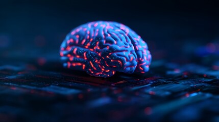 A glowing, digital brain sits atop a circuit board, symbolizing the intersection of technology and neuroscience.