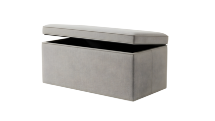 Gray fabric storage ottoman bench with lid partially open, isolated on white background