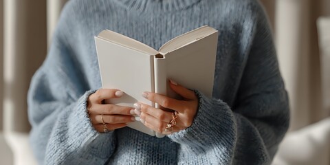 Obraz premium Person in cozy blue sweater holding open book with blank pages, perfect for education, reading, or literary concepts.