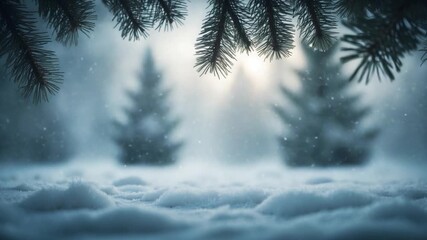 Snowy winter forest scene with gently falling snowflakes pine trees in soft natural light featuring a serene landscape blanketed in white frost and soft textures throughout the video - Powered by Adobe