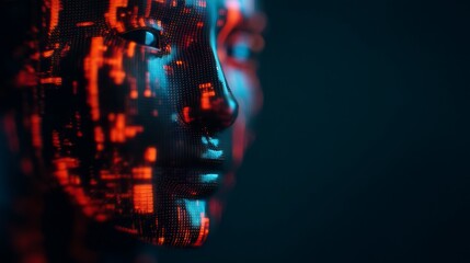 A futuristic representation of a face with digital patterns and glowing elements, blending technology and human-like features in a dark background.
