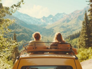 Two friends enjoy a scenic mountain drive in a vintage car under clear blue skies