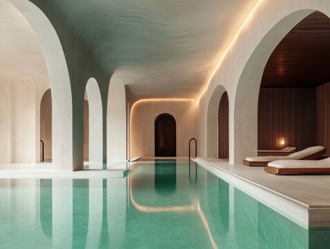 Relaxing spa retreat featuring serene indoor pool and luxurious lounging area in a tranquil setting - Powered by Adobe