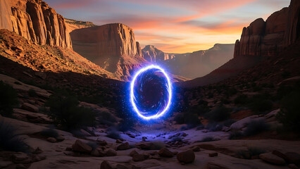 A luminous otherworldly blue portal glowing within a majestic desert canyon vista