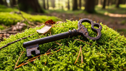 Antique Rusty Key Resting on Vibrant Green Moss in a Sunlit Forest