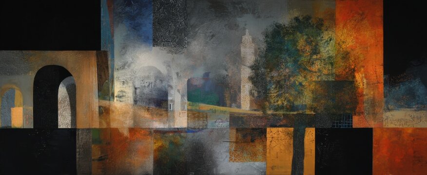 The mixed media cityscape showcases intricate layered architectural elements and rich textured surfaces