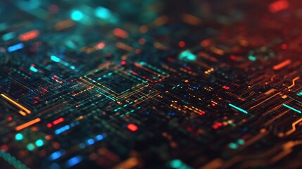 A vibrant electronic circuit board with intricate patterns, showcasing glowing lines and colorful lights, representing technology and innovation.