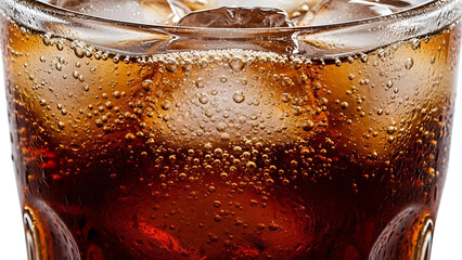 Close-up of a refreshing beverage in a glass with ice cubes and bubbles - delicious