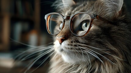Fluffy tabby cat wearing stylish eyeglasses, close-up portrait showing whiskers and thoughtful expression against blurred home interior.