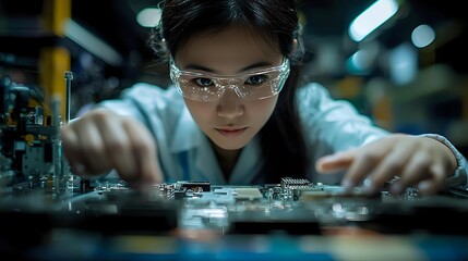 Young Asian female engineer in protective glasses working on circuit board assembly in dark laboratory environment with focused concentration.