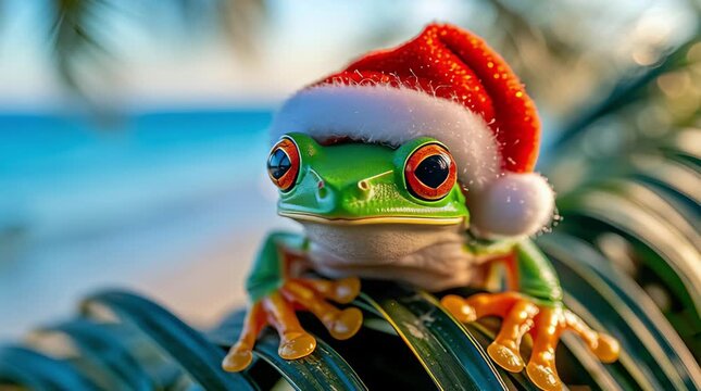 A frog wearing a Santa Claus hat is sitting on a tropical palm tree, with a blurred background of the ocean and sky.