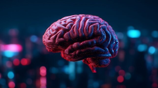 A vibrant, futuristic brain floats against a colorful, abstract background, symbolizing intelligence and creativity in a digital age.