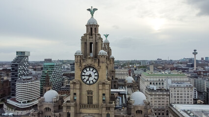 Aerial view of the Liver Building with surrounding city architecture