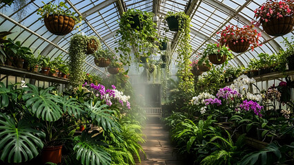 Lush botanical sanctuary vibrant plant life flourishes in misty greenhouse setting