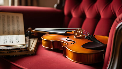 Violin resting on a red armchair with musical notes, a classic instrument