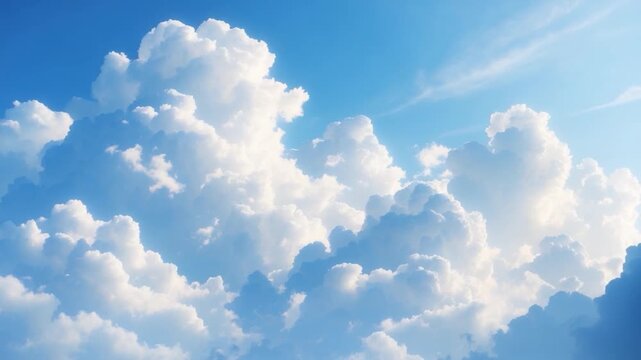 Dramatic view of fluffy white cumulus clouds drifting under a clear blue sky captured from multiple angles showing varying perspectives and light patterns across soft cloud formations