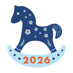 Happy new year 2026.Dala horse Scandinavia folk Illustration woodcut style.Vintage rural tradition and folkloric elements clip art,cute and whimsical for print,greeting card,happy holiday decorate
