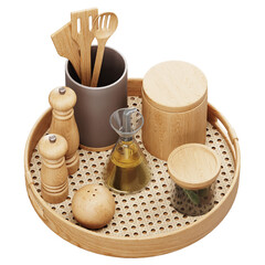 Wooden tray with a variety of kitchen utensils and containers